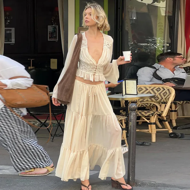 Women Fashion Sexy Summer Lace Chiffon Perspective Long-Sleeve Cardigan Loose Maxi Skirt Two-Piece Set
