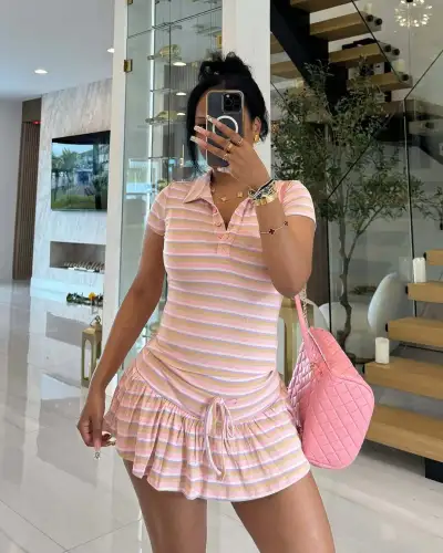 Women Fashion Casual Summer Stripe Lapel Short-Sleeve Top Lace-Up Mini Skirt Two-Piece Set