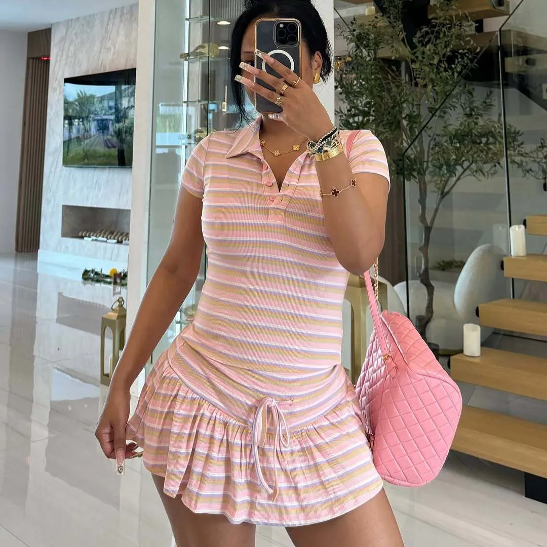 Women Fashion Casual Summer Stripe Lapel Short-Sleeve Top Lace-Up Mini Skirt Two-Piece Set