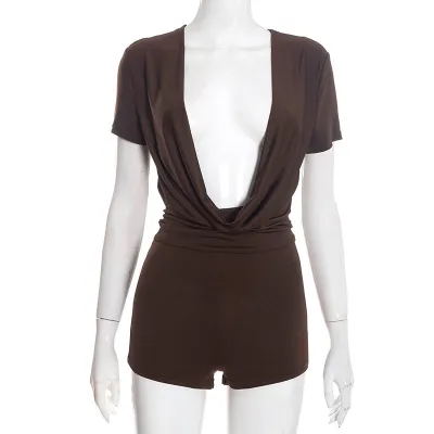 Women Sexy Solid Color Short Sleeve Cowl Neck Rompers