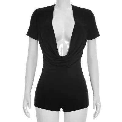 Women Sexy Solid Color Short Sleeve Cowl Neck Rompers