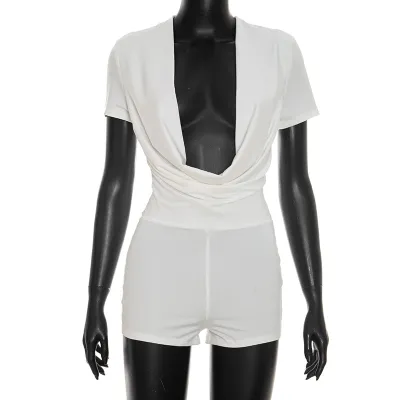 Women Sexy Solid Color Short Sleeve Cowl Neck Rompers
