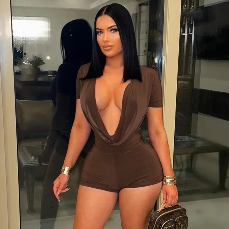 Women Sexy Solid Color Short Sleeve Cowl Neck Rompers