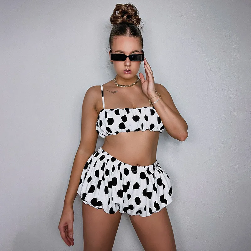Women Fashion Sexy Summer Polka Dot Print Camisole Bud Shorts Two-Piece Set