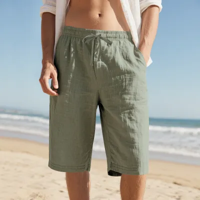 Men's Casual Summer Linen Drawstring Elastic Waist Straight Shorts