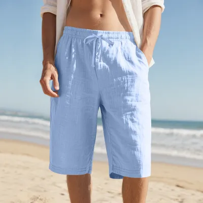 Men's Casual Summer Linen Drawstring Elastic Waist Straight Shorts