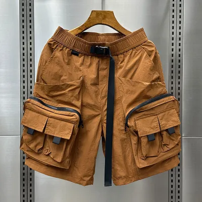 Men Casual Summer Solid Color Multi-Pocket Quick-Dry Loose Cargo Shorts