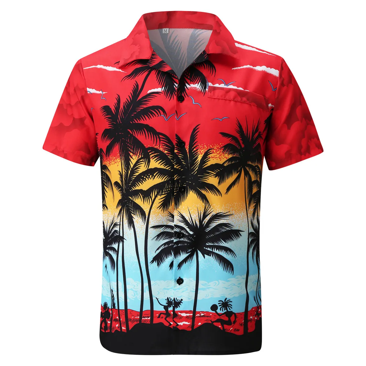 Men's Fashion Casual Summer 3D Beach Print Lapel Short Sleeve Shirt