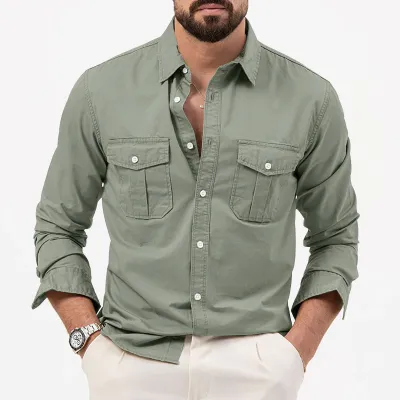 Men'S Fashion Casual Summer Solid Color Multi-Pocket Long-Sleeve Workwear Shirt