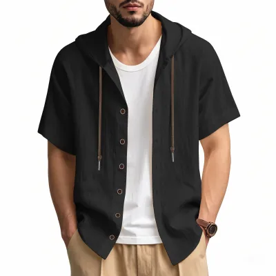 Men's Fashion Casual Summer Solid Cotton Linen Short-Sleeve Hooded Shirt