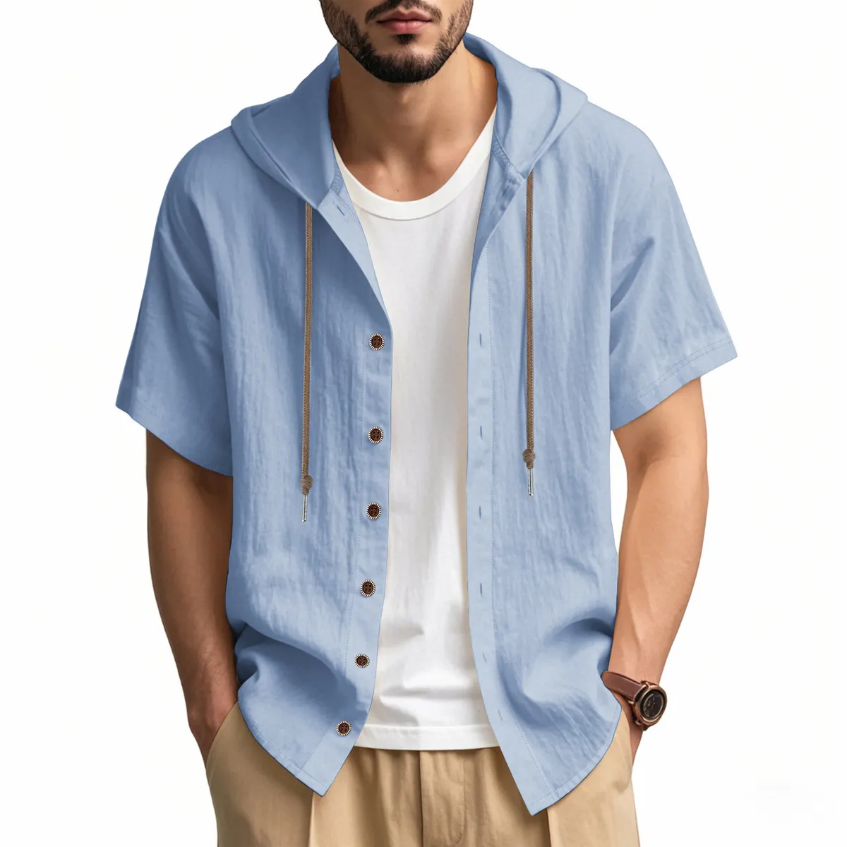 Men's Fashion Casual Summer Solid Cotton Linen Short-Sleeve Hooded Shirt