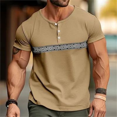 Men's Fashion Casual Summer Plaid Color Block Printing Short Sleeve Henley Shirts