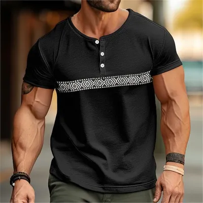 Men's Fashion Casual Summer Plaid Color Block Printing Short Sleeve Henley Shirts