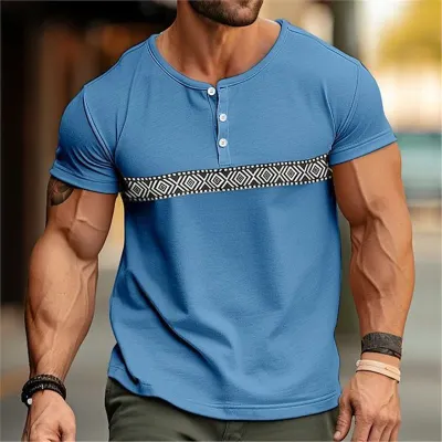 Men's Fashion Casual Summer Plaid Color Block Printing Short Sleeve Henley Shirts