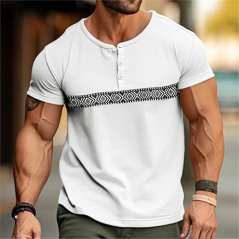 Men's Fashion Casual Summer Plaid Color Block Printing Short Sleeve Henley Shirts