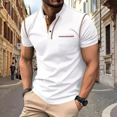 Men's Casual Summer Short-Sleeve Quick-Drying Polo Shirt with Stand-Up Collar and Pocket