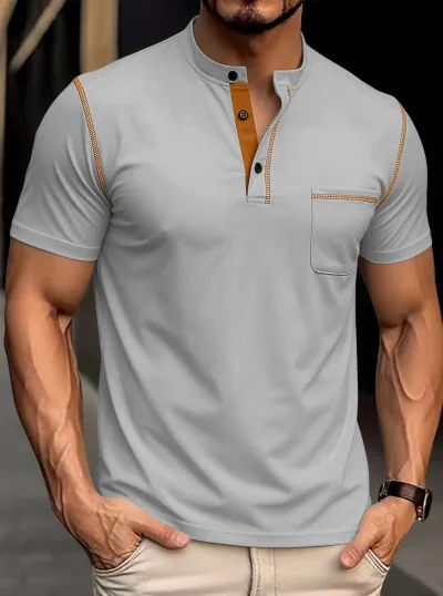 Men's Casual Summer Short-Sleeve Quick-Drying Polo Shirt with Stand-Up Collar and Pocket