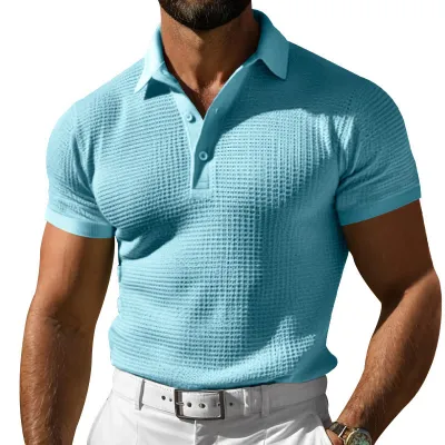 Men's Fashion Summer Solid Color Waffle Button Lapel Short-Sleeve Polo Shirt Slim Fit