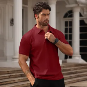 Men's Fashion Summer Solid Color Waffle Button Lapel Short-Sleeve Polo Shirt Slim Fit