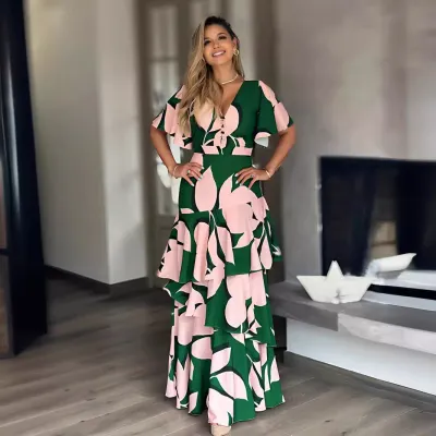 Women fashion casual summer Irregular printed V-Neck short-sleeve Button dress