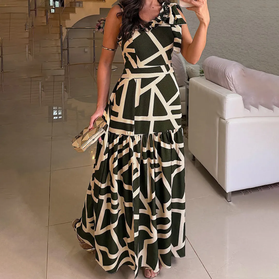 Women Fashion Casual Summer Printed One-Shoulder Sleeveless Dress
