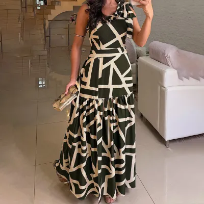 Women Fashion Casual Summer Printed One-Shoulder Sleeveless Dress