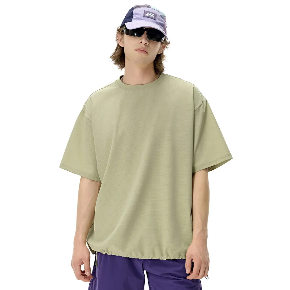 Men's Summer Casual Solid Color Quick Dry Short Sleeve T-Shirt with Drawstring Hem