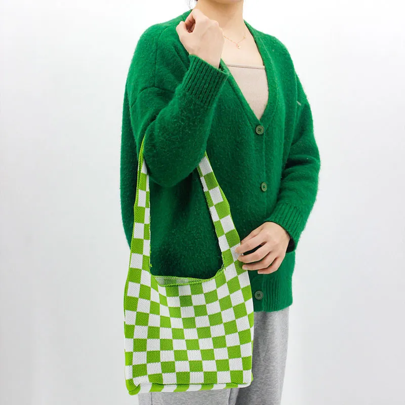 Women Fashion Casual Plaid Knitted Shoulder Bag Dumpling Wrapper