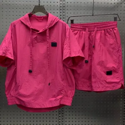 Men Fashion Casual Summer Solid Color Thin Short-Sleeve Hoodie Loose Shorts Two-Piece Set