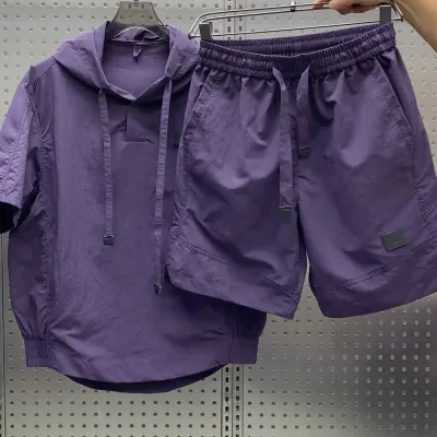 Men Fashion Casual Summer Solid Color Thin Short-Sleeve Hoodie Loose Shorts Two-Piece Set