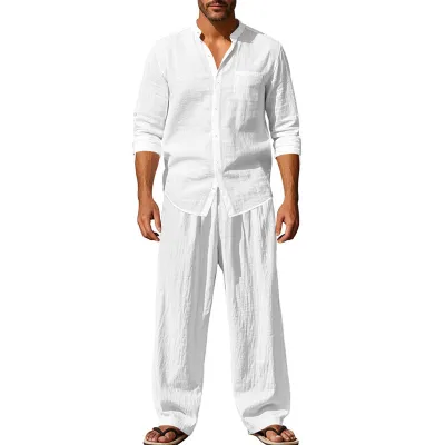 Men's Fashion Casual Summer Linen Stand-Up Collar Long-Sleeve Shirt and Breathable Pants Two-Piece Set