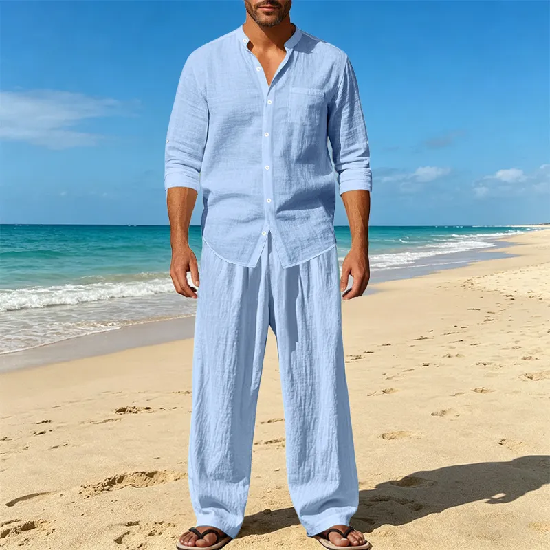 Men's Fashion Casual Summer Linen Stand-Up Collar Long-Sleeve Shirt and Breathable Pants Two-Piece Set