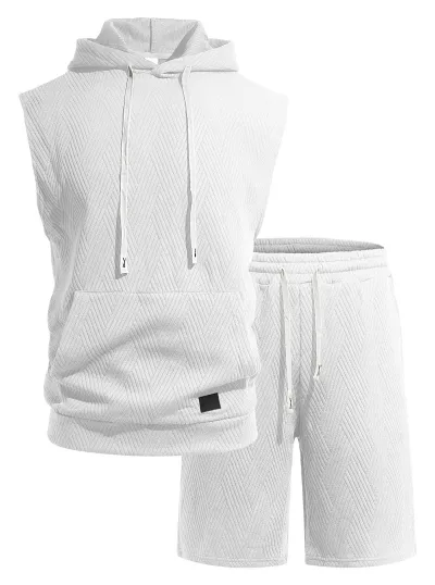 Men Fashion Summer Solid Color Jacquard Knitted Sleeveless Hoodies Loose Shorts Two-Piece Set
