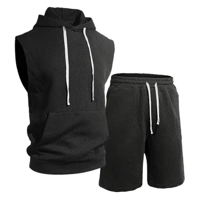 Men Fashion Summer Solid Color Jacquard Knitted Sleeveless Hoodies Loose Shorts Two-Piece Set