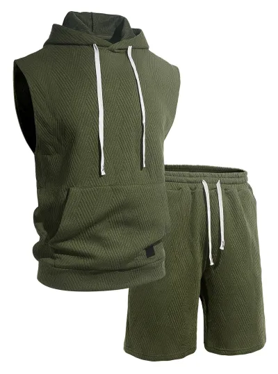 Men Fashion Summer Solid Color Jacquard Knitted Sleeveless Hoodies Loose Shorts Two-Piece Set
