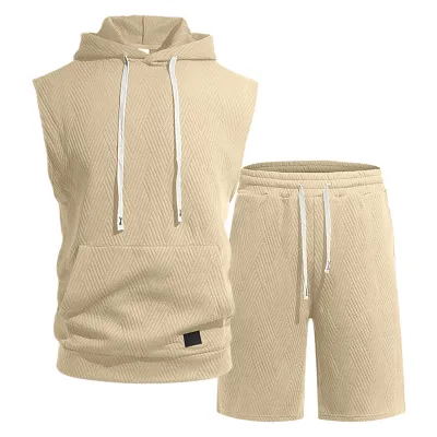 Men Fashion Summer Solid Color Jacquard Knitted Sleeveless Hoodies Loose Shorts Two-Piece Set