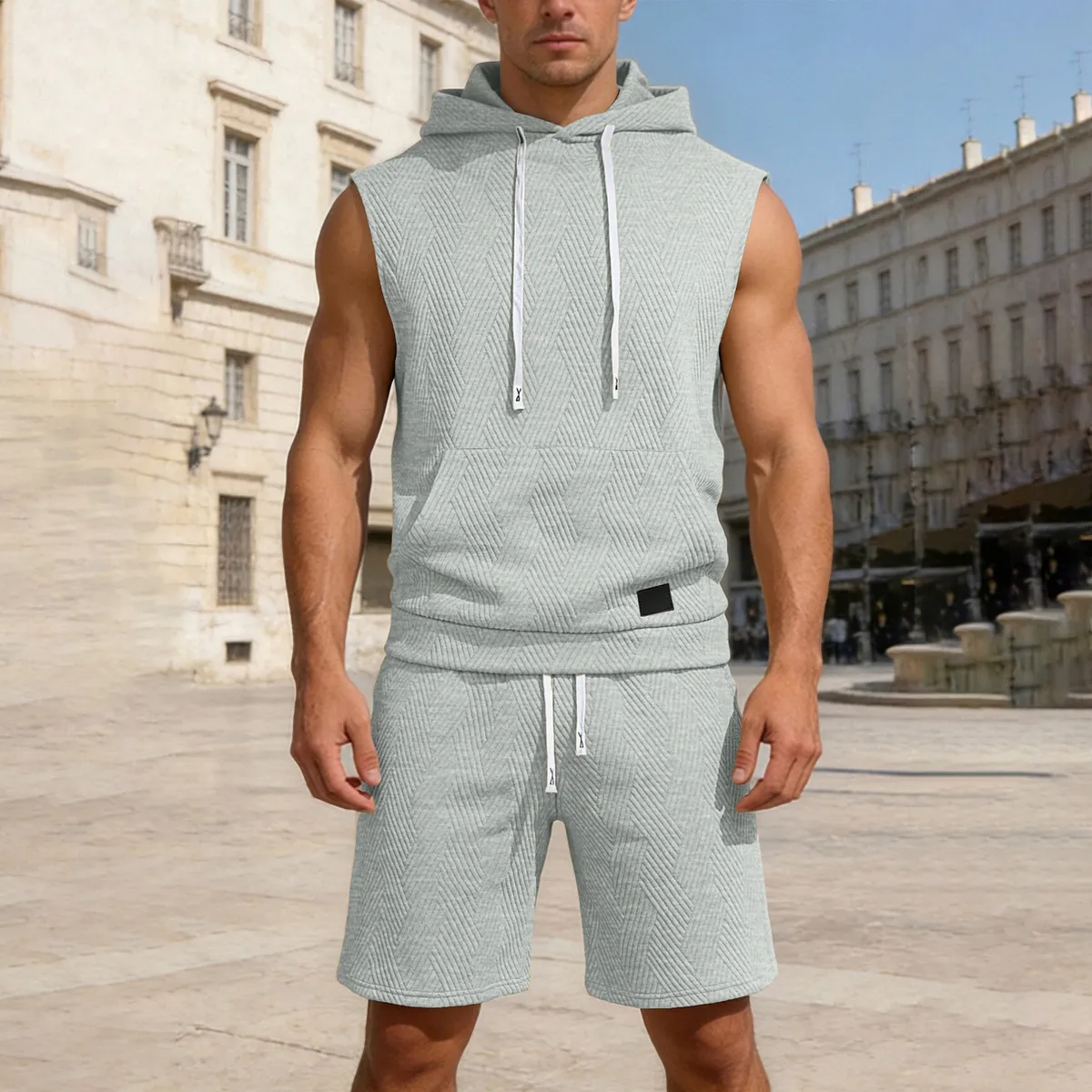 Men Fashion Summer Solid Color Jacquard Knitted Sleeveless Hoodies Loose Shorts Two-Piece Set