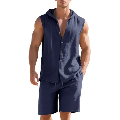 Men's Summer Solid Linen Sleeveless Hoodie and Shorts Two-Piece Set