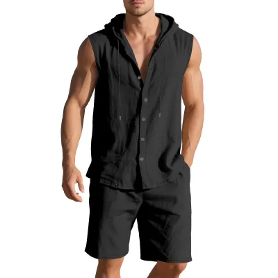Men's Summer Solid Linen Sleeveless Hoodie and Shorts Two-Piece Set
