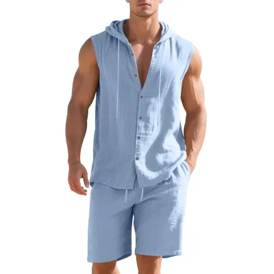 Men's Summer Solid Linen Sleeveless Hoodie and Shorts Two-Piece Set