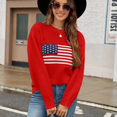 Women Fashion Casual Autumn Winter USA Flag Long-Sleeve Sweater