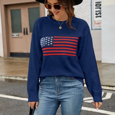 Women Fashion Casual Autumn Winter USA Flag Long-Sleeve Sweater