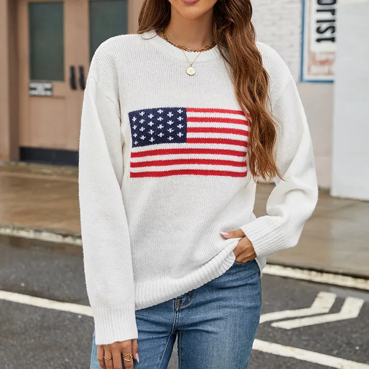Women Fashion Casual Autumn Winter USA Flag Long-Sleeve Sweater