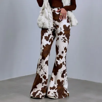 Women Fashion Casual Brown Cow Print Slim-Fit Flared Pants