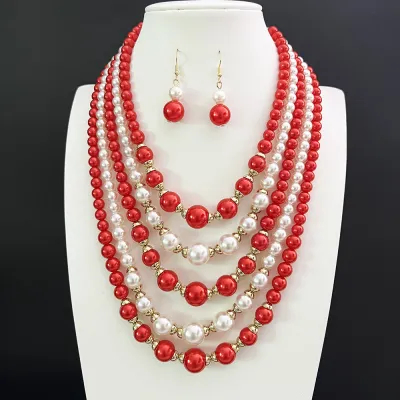 Women's Elegant Fashion Exaggerated Multi-Layer Imitation Pearl Necklace Earrings Set