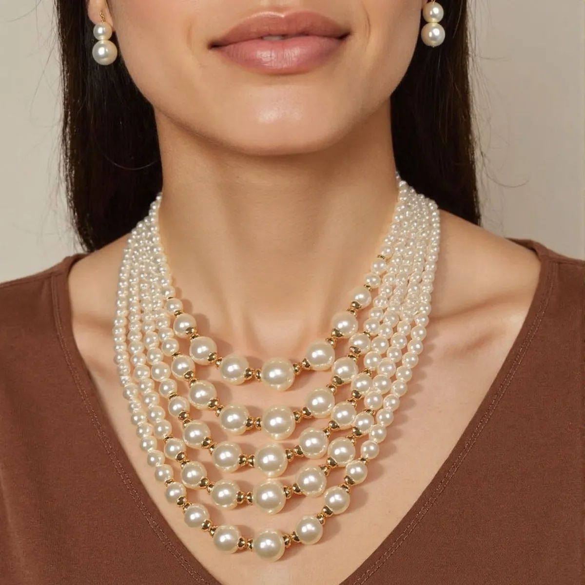 Women's Elegant Fashion Exaggerated Multi-Layer Imitation Pearl Necklace Earrings Set