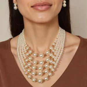 Women's Elegant Fashion Exaggerated Multi-Layer Imitation Pearl Necklace Earrings Set