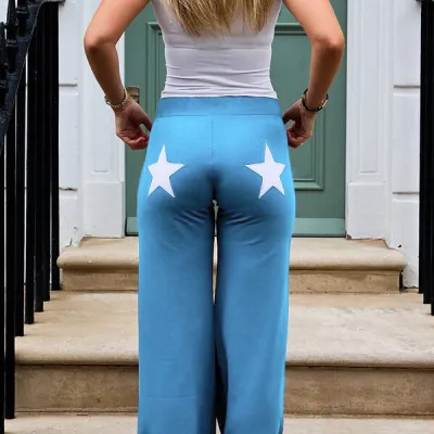 Women Fashion Casual Contrast Color Embroidery Star Print High Elastic Pants