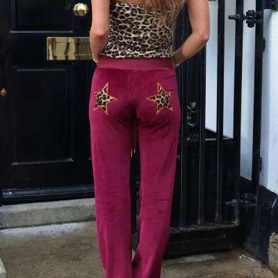 Women Fashion Casual Contrast Color Embroidery Star Print High Elastic Pants
