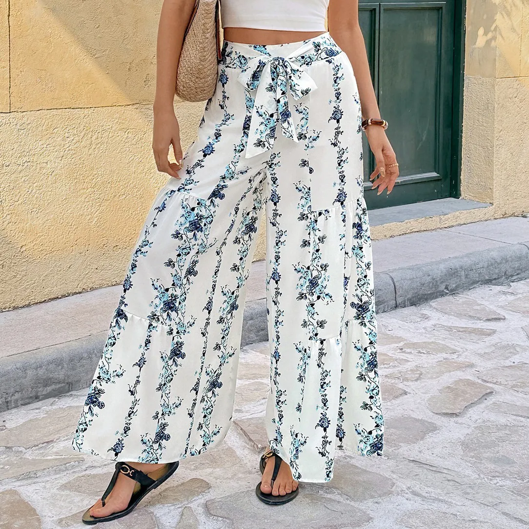 Women Fashion Casual Spring And Summer Boho Ethnic Printed Wide Leg Pants